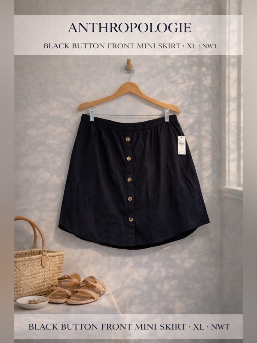 Anthropologie Black Button Front Mini Skirt XL NWT Cotton